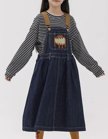 ジャンパースカート 子ども 女の子 春夏 秋 ボトムス サロペット オーバーオール 刺繍 伸縮性 ポケット ミモレ丈 デニム かわいい カジュアル 大きいサイズ モンスター 紺