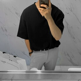 tシャツ メンズ 韓国 トップス カットソー 半袖 夏 無地 Vネック ゆったり 大きいサイズ ビッグシルエット シンプル カジュアル 白 黒 キャラメル