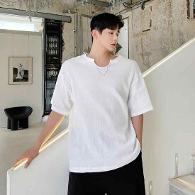 tシャツ メンズ 韓国 トップス カットソー 半袖 薄手 ワッフル生地 チェーン 飾り ゆったり ビッグシルエット カジュアル 無地 白 黒