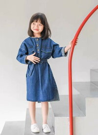 女の子 ワンピース デニム キッズ 子供服 春 スカート 長袖 ラウンドネック ポケット ボタン 腰紐 ウエストマーク スリット ゆったり カジュアル 青