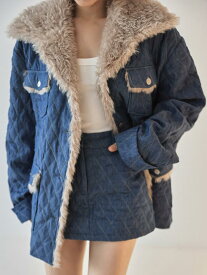 デニムジャケット レディース 秋冬 キルティング デザイン ファー付き ふわふわ 防寒 暖かい カジュアル かわいい ゆったり 体型カバー 青