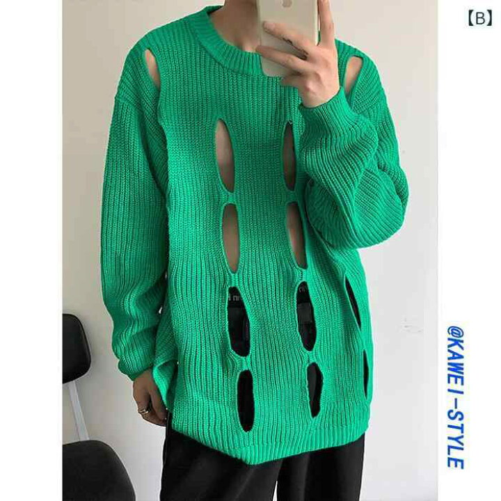 楽天市場】メンズ ニット セーター トップス セクシー 長袖 おしゃれ 透け 秋 カジュアル 韓国 穴あき デ レディース ゆったり ラウンドネック  グレー 緑 黒 : フロントップ楽天市場店