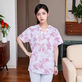 歯科 ユニフォーム 大人 レディース メンズ 大きいサイズ 綿 半袖 トップス Vネック ポケット 看護師 ナース コスプレ プリント 犬 花柄 青 紫