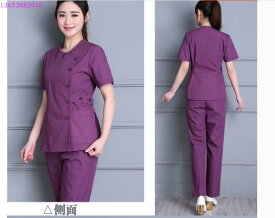 歯科 ユニフォーム 大人 レディース メンズ 大きいサイズ 上下セット トップス 半袖 ラウンドネック シングルブレスト ポケット ロングパンツ ナース 看護師 コスプレ 無地 紫