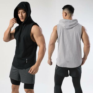 トレーニングウエア メンズ ボクシング ノースリーブ タンクトップ フード 吸汗性 通気性 速乾性 夏 フィットネス ランニング スポーツ 大きいサイズ 反射 夜 黒 白 グレー