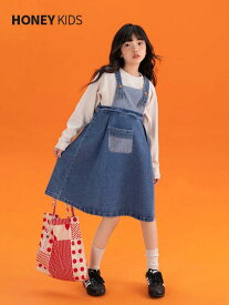 キッズ ジャンパースカート デニム 女の子 春秋 ワンピース 子供服 大きいサイズ おしゃれ カジュアル シンプル 膝丈 ポケット 無地 青