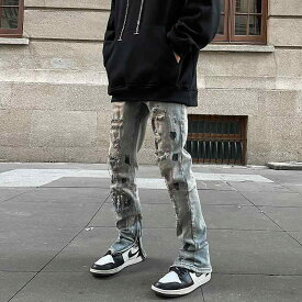 ダメージジーンズ メンズ 大きいサイズ 古着 ストリート ファッション スリット デニム ヒップホップ ルーズ ストレート ロング かっこいい オールシーズン