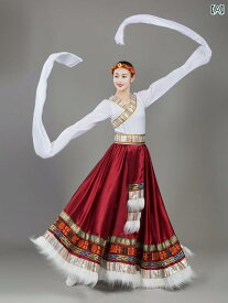 中国 舞踊 衣装 練習着 レディース トップス 水袖 フレアスカート セット パフォーマンス チベットダンス エスニック 赤 紺 緑 大きいサイズ