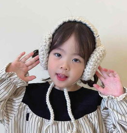 かわいい イヤーマフ 子供 キッズ 女の子 冬 ベージュ カラフル 茶 ニット 紐 韓国 シンプル 耳当て ウォーマー 防音 防寒 防風 保温 暖かい 寒さ 対策 保護 通園 通学