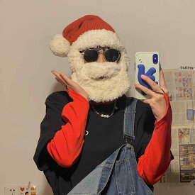 クリスマス サンタ 帽子 ヒゲ 取り外し 可能 おもしろ ユニセックス 大人 子供 フェスティバル パーティー 被り物 ニット 伸縮性 冬 暖かい 頭 ポンポン 飾り 男女 親子 ヘッドウェア シンプル 旅行 イベント 外出 ギフト 写真 小道具 赤 白