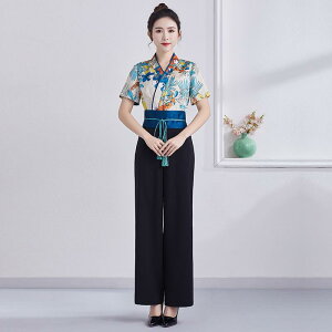 エステ ユニフォーム パンツ 美容師 作業服 女性 夏 フットバス マッサージ 半袖 Vネック サロン ヘルスクラブ スパ 大きいサイズ 花柄 セットアップ チャイナ風 アプリコット 黒