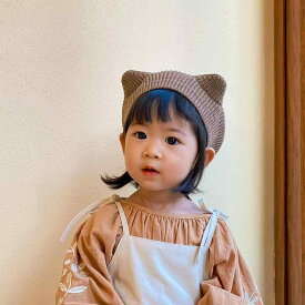 子供用 ベレー帽 ベビー 秋冬 キャット しっぽ 韓国 女の子 かわいい 文学 ニット 画家 つばなし ドーム カーキ 黒 ベージュ