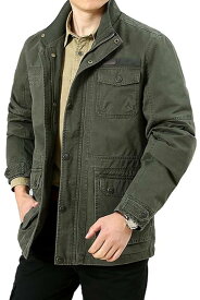 ミリタリージャケット メンズ 秋 スタンドカラー ジップアップ 大きいサイズ カジュアル 綿 ゆったり マルチポケット ワークウェア ミドル丈 長袖 暖かい アウター 緑 黒 カーキ