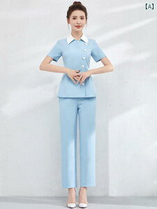 エステ ユニフォーム 半袖 春夏 制服 サロン 技術者 作業服 レディース 白 青 ピンク 無地 ボタン 襟付き 速乾 ストレッチ パンツ 上下セット 大きいサイズ おしゃれ