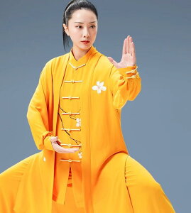 太極拳 服 レディース 春夏 秋 セットアップ 衣装 長袖 練習 パフォーマンス カンフー 武術 通気性 柔らかい ゆったり カジュアル 花 黄色