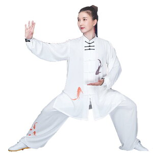 太極拳 服 レディース メンズ 夏 上下セット ミドル丈 練習 パフォーマンス カンフー 武術 通気性 吸汗 柔らかい ポケット付き 手洗い可 おしゃれ 大きいサイズ 魚 花 白