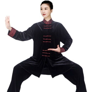 太極拳 服 レディース メンズ 春 秋冬 長袖 上下セット 練習 パフォーマンス カンフー 武術 柔らかい 厚手 ベルベット 韓国 カジュアル 大きいサイズ 無地 黒