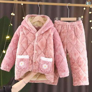 もこもこ パジャマ キッズ 子供 女の子 ルームウェア 暖かい 長袖 秋冬 上下セット フランネル キルティング 厚手 起毛 大きいサイズ 前開き ボタン フード付き ウエストゴム かわいい ピン