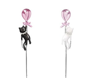 猫 ピアス 大人 レディース アクセサリー スタッド 黒 白 風船 チャーム チェーン ロング メッキ シルバー 925 お出かけ デート ショッピング 可愛い