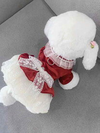 犬 服 かわいい おしゃれ フォーマル 秋 暖かい ペット 猫 ポメラニアン プリンセスドレス 小型 リードフック付き 白レース リボン 赤