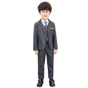 男の子 子供スーツ フォーマル キッズ 礼服 卒業 入学式 七五三 春秋 スリーピース ジャケット 長ズボン ベスト シャツ ネクタイ ストライプ おしゃれ 青 グレー