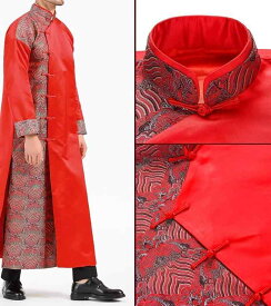中国 レトロ 衣装 メンズ ウェディング チャイナ風 新郎 パフォーマンス 司会者 コート 大きいサイズ サテン 二層 スタンドカラー 赤