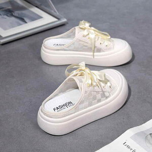 かかとなし シューズ レディース 滑りにくい かわいい 厚底 キャンバス ミドルヒール 韓国 夏 スニーカーレースアップ 通気性 普段使い メッシュ 白 緑