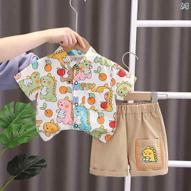 シャツ キッズ 半袖 男の子 ベビー 夏 セットアップ ショートパンツ 子供服 薄手 シングルブレスト ポケット カジュアル 恐竜 白