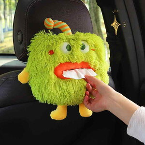 ティッシュケース 車用 ぬいぐるみ かわいい ボックス ぶら下げ カーアクセサリー アームレスト サンバイザー バックル ファスナー モンスター 緑 ピンク 白