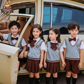 制服 コスプレ 子供 女の子 男の子 半袖 入園 入学 お揃い ダンス セットアップ リボン スト ネクタイ スカート 半ズボン 黒 茶