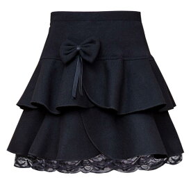 ミニスカート レディース 秋冬 ウール フレア ティアード レース ふわふわ Aライン リボン ハイウエスト ソフト かわいい エレガント 黒 グレー