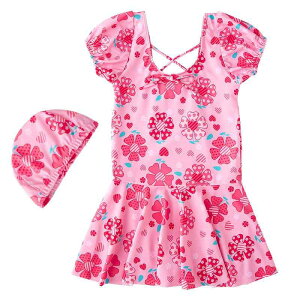 キッズ 水着 女の子 ワンピース スカート プール 海 水泳 スイミングウェア かわいい 日焼け防止 吸湿性 通気性 耐久性 伸縮性 柔らかい Uネック 花柄 カラフ リボン 腕 浮き輪 セット ピンク
