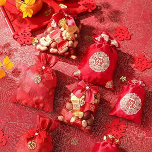 ギフト 袋 キャンディーバッグ 巾着 お菓子入れ プレゼント おしゃれ レトロ チャイナ風 中国雑貨 お祝い 縁起物 結婚式 シンプル 赤 リボン 布