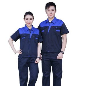 作業服 上下セット 大人 レディース メンズ 大きいサイズ ゆったり 夏 薄手 半袖 トップス ジッパー ポケット 襟 ロングパンツ 工場 整備 カラーブロック グレー 黄 赤