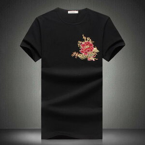 Tシャツ メンズ 孔雀 スパンコール 半袖 夏 中華風 鳳凰 刺繍 大きいサイズ ルーズ ホワイト ブラック 花 綿 シワになりにくい ラウンドネック トップス