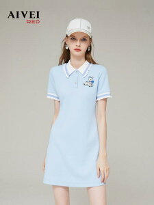 テニス レディース ウェア 夏 カジュアル ポロ カラー 刺繍 ボタン ハイウエスト Aライン ミニ スカート 半袖 スポーツウェア ワンピース 大学生 サークル 青