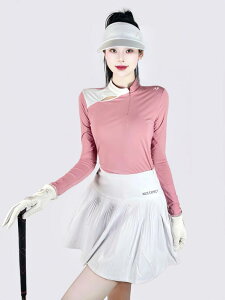 ゴルフウェア レディース 春夏 スカート セットアップ トップス 長袖 快適 通気性 スリム フィット プリーツ ピンク ホワイト ハイネック おしゃれ