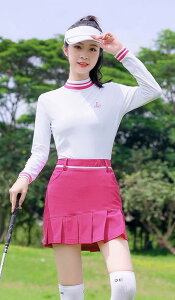 ゴルフウェア レディース 春夏 スカート セットアップ トップス 韓国 伸縮性 速乾 長袖 ホワイト ピンク ハイネック スポーツ スリム フィット