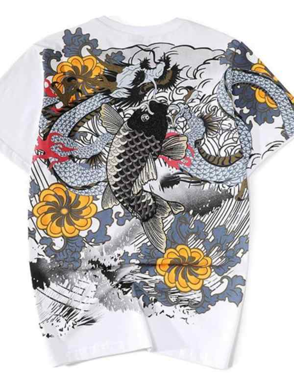 Tシャツ メンズ レディース 半袖 刺繍 中華風 鯉 プリント カップル ゆったり 大きいサイズ 夏 ラウンドネック トップス ホワイト ブラック ゆったり 綿