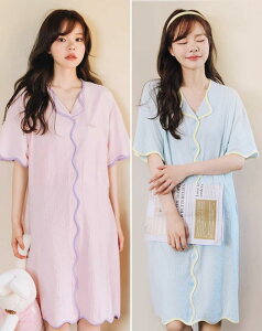 授乳 パジャマ 夏 寝間着 薄手 マタニティ 産後 ホームウェア ナイトウェア 前開き ピンク 青 波 シンプル かわいい 膝丈 柔らかい Vネック