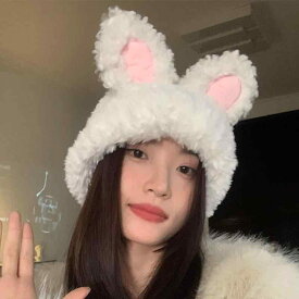 帽子 レディース 秋冬 かぶりもの アニマル もこもこ ウサギ 耳 暖かい 小顔効果 防寒 パーティー ハロウィン コスプレ 衣装 かわいい 黒 白 グレー