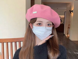 ベレー帽 レディース 大人 普段使い 外出用 韓国 ウール 秋冬 小顔効果 英文字プレート おしゃれ カジュアル 無地 シンプル ピンク アイボリー グレー