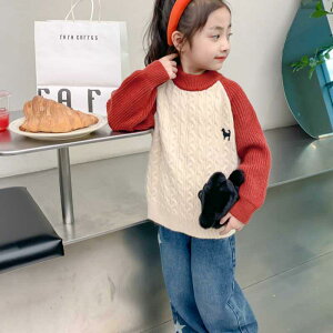セーター キッズ かわいい 女の子 春秋 子供用 ニット カジュアル トップス プルオーバー ワンポイント 刺繍 犬 模様 ラウンドネック 長袖 ウール ゆったり 普段使い レジャー 赤 ベージュ