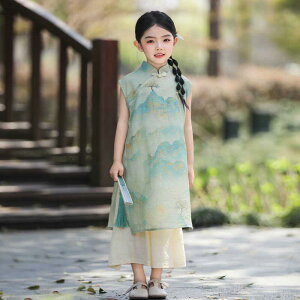 漢服 子供 キッズ 衣装 写真 撮影 女の子 夏 ノースリーブ チャイナボタン 中国風 半袖 ビーズ タッセル レトロ スタンドカラー プリント 柄 風景 普段使い お出かけ おしゃれ 緑