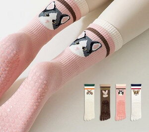 ヨガソックス 5本指 滑り止め レディース 女性 婦人 靴下 綿 オールシーズン 吸汗 保温 衝撃吸収性 屋内 フロア フィットネス ピラティス スポーツ ミドル丈 白 茶色 ピンク 犬 ネコ うさぎ 配