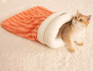 猫 ベッド 寝袋 冬 柔らかい 暖かい 半密閉型 綿 かわいい カジュアル シンプル 保温 もこもこ ストライプ 英字 ロゴ タグ 写真撮影 厚手 赤 黄色 茶