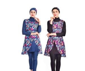 大きいサイズ レディース 水着 スイムウェア 旅行 女性 婦人 ドバイ 中東 長袖 日焼け防止 ビーチ 4点 セット カジュアル 青 黒 無地 リーフ 柄 プリント ハイネック パッドなし