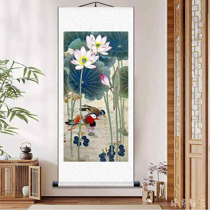 楽天市場】掛け軸 オシャレ 蓮 池 花 自然 水墨 吊り 絵画 布 柔らかい 