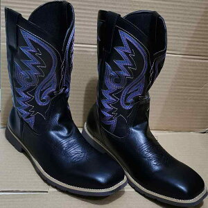 メンズブーツ ウエスタン カウボーイ エンジニア バイカー モンゴル ハイカット 通気性 カービング ラウンドトゥ ローヒール フラットヒール PUレザー ラバーソール ピッグレザー ブラック