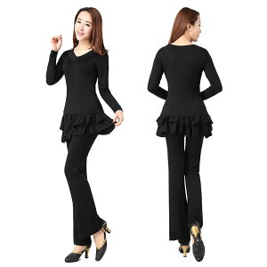 ダンスウェア レディース ミドルエイジ 大人女性 モダール Vネックトップス フレアワイドパンツ 3点セット レッスン フィットネス 練習着 ストレッチ 快適 体型カバー ゆったり